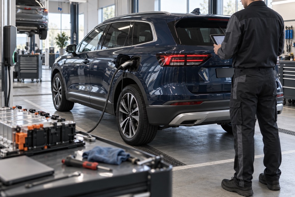 Mørkeblå pluginhybrid til batterikontrol på et moderne værksted