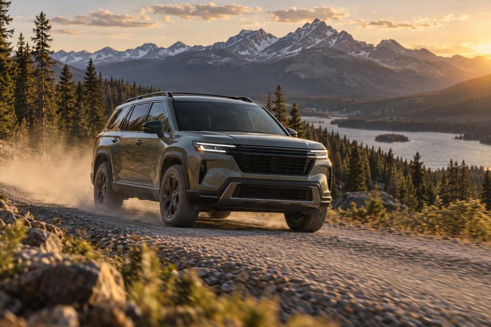 Generisk robust SUV i bevægelse på en grusvej i et nordamerikansk bjerglandskab