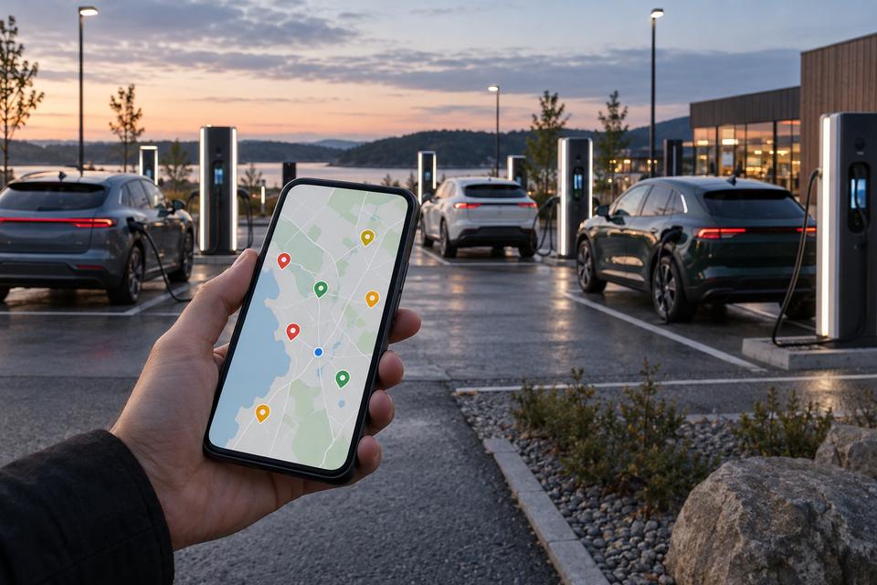Hånd med telefon foran en række umærkede lynladere og elektriske biler