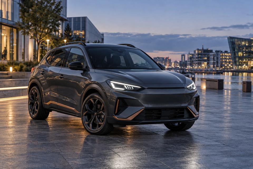 Generisk kompakt elektrisk crossover i mørk sportslig udførelse ved en moderne havnefront