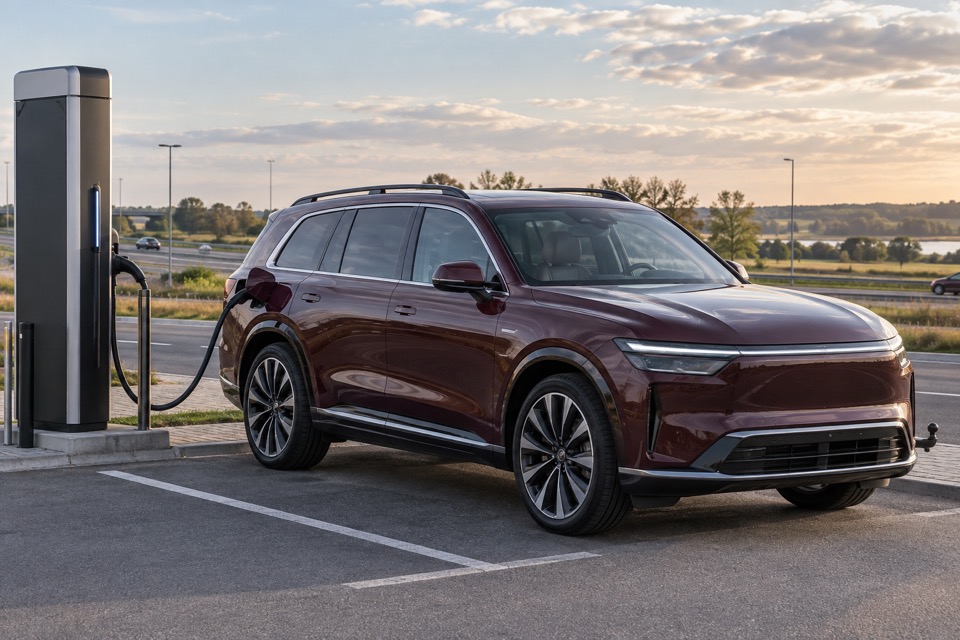 Stor bordeauxfarvet el-SUV tilsluttet en lynlader
