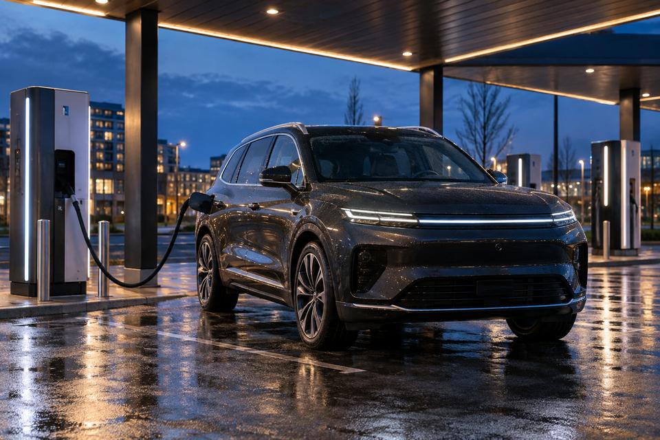 Stor mørk umærket elektrisk familie-SUV tilsluttet en lynlader ved skumring