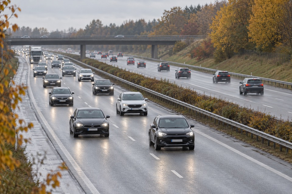 Tæt trafik på en våd motorvej omgivet af efterårstræer