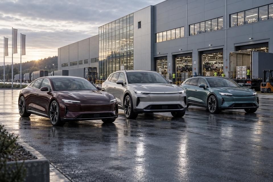 Tre generiske elektriske biler foran en moderne europæisk bilfabrik