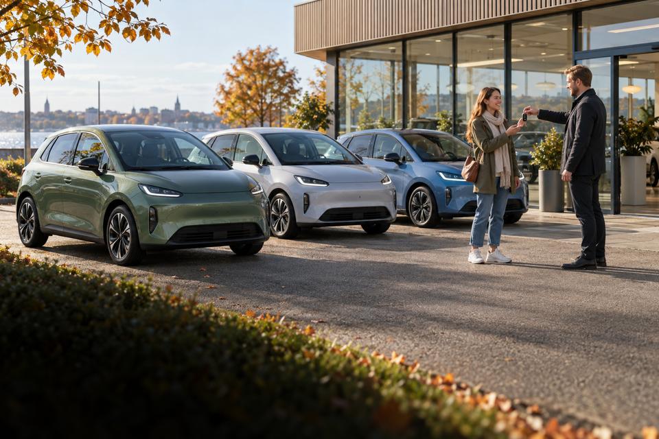 Tre generiske kompakte elbiler foran en moderne dansk bilforhandler