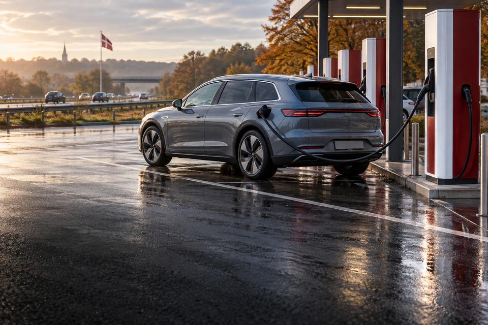 Generisk elbil ved en række hurtigladere nær en dansk motorvej