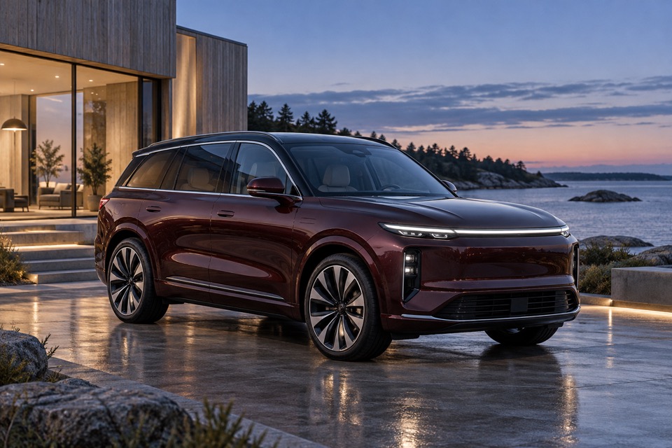 Stor mørkerød umærket el-SUV foran et skandinavisk kysthus i skumringen